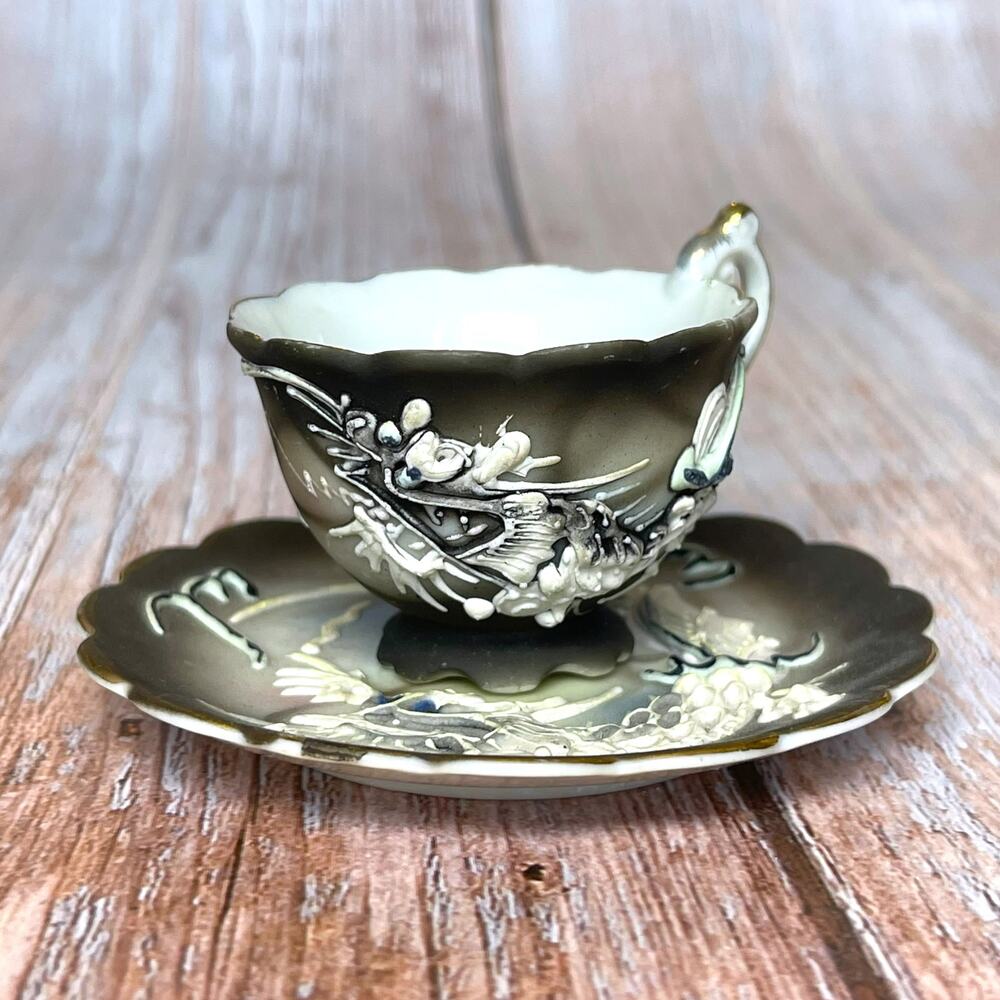 Vintage Occupied Japan Moriage Dragonware Demitasse Cup & Saucer Raised Dragon